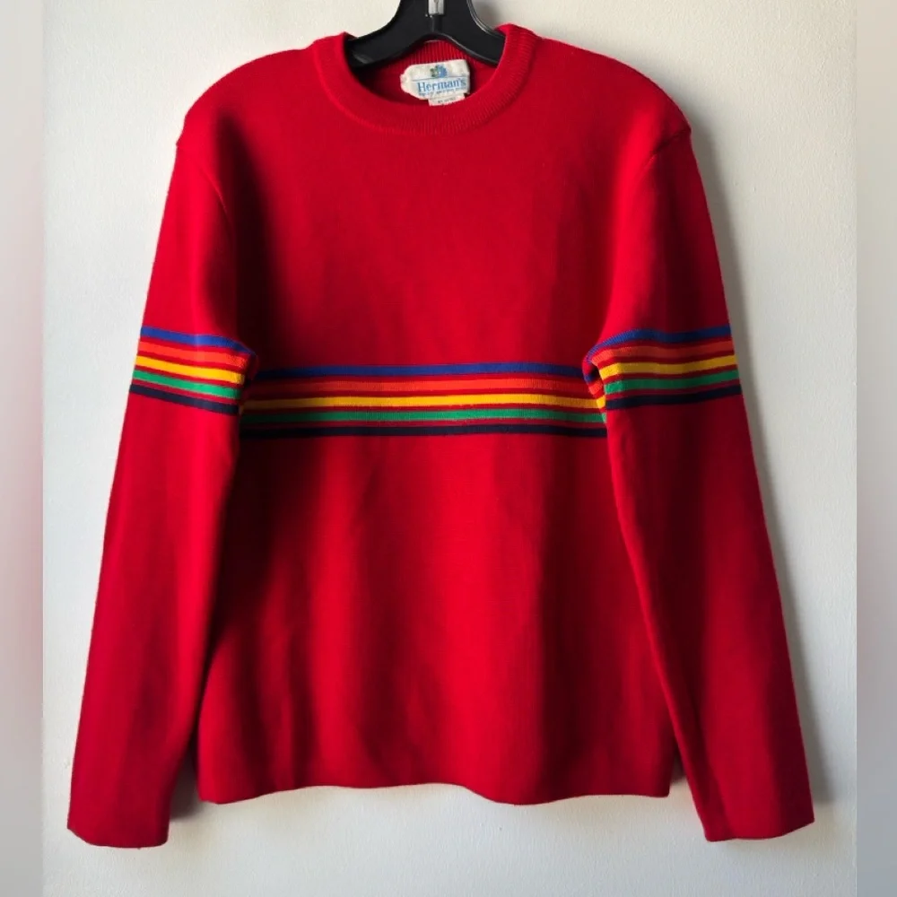 Vintage Herman’s Wool Red Sweater with Multicolor Stripes